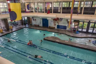 The walk-in swimming pool for lap swim, aerobics, water volleyball, or cooling off on a hot summer day.