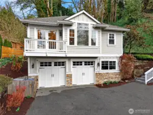 Front view of guest cottage (DADU) and 2 car garage