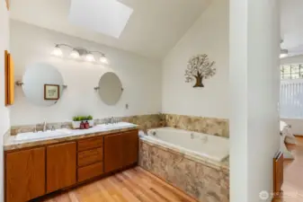 Primary bath, jetted tub, dual sinks.