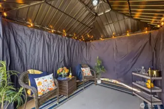 Curtains can be closed around Gazebo for Privacy or Weather