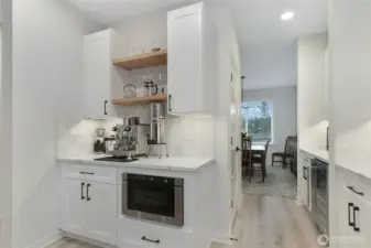 Beautifully designed dry bar with microwave and great storage