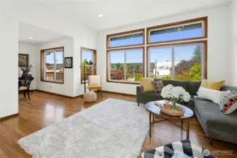 Huge great room 17'x18' with floor to ceiling windows overlooking your lush gardens and views of Liberty Bay