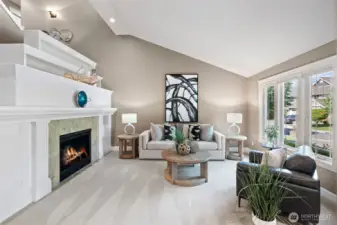 The foyer opens to the liviing room with a statement mantel piece for displaying art pieces or a favorite collection.