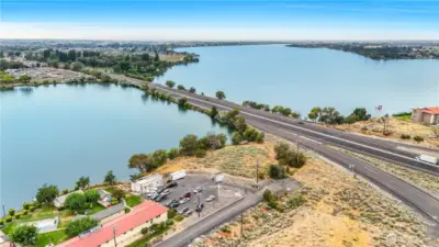 Wide shot of the property highlighting its rare waterfront location