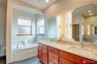primary bathroom with double vanity, separate tub and separate shower.