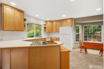Functional kitchen with lovely garden views from each window.