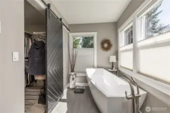 Primary bath includes walk-in closet and free-standing tub