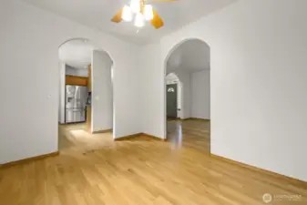 Entry into kitchen and living room from dining room.