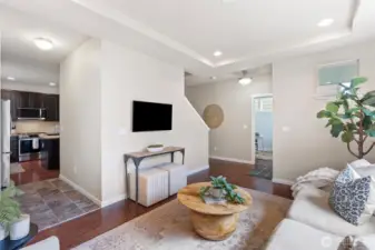 Living room showing foyer and entry