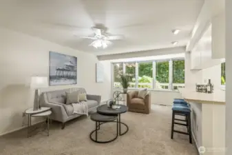 Family room off kitchen with a window wall