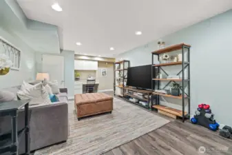 An extended media room with build-ins and plenty of additional closet space.
