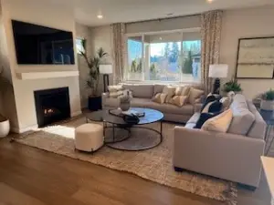Spacious great room with gas fireplace.