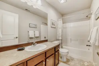 The full second bath is well-lit and will be pleasing to family or guests.