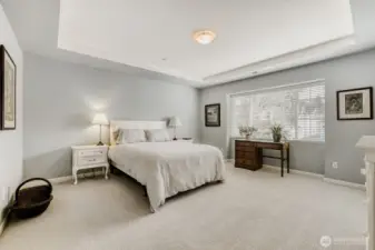 You can luxuriate in this immense Primary Suite with a high inset ceiling and wall of windows that bring in the light.  Freshly painted with pale, soft palate blue.