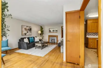 Walking in the front door to the coat closet, living room on the left, kitchen on your right