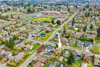 Overhead view of the neighborhood, close to everything, walking distance to restaurants, shopping and schools