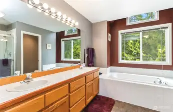 Primary bath is 5 pc with soaking tub and double sinks.