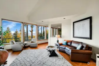 The living room seamlessly flows into the dining area and kitchen.