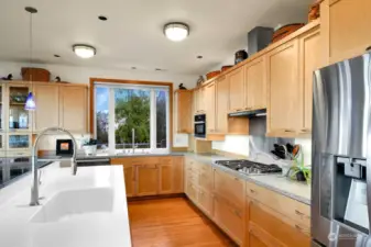 This kitchen has ample storage, an island with a built-in sink, a separate main sink, a premium Wolf gas cooktop, a Miele speed oven, dishwasher, and a sleek Miele cooktop vent.