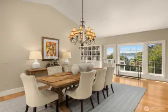 Spacious dining room with view of Lake Washington and Mt. Rainier