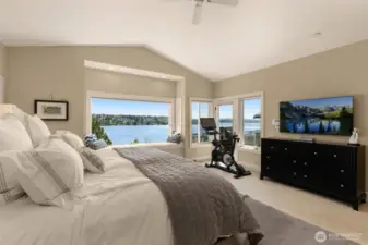 Primary bedroom with best view of Lake Washington and Mt. Rainier