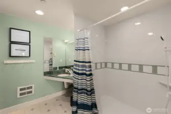 Bathroom for Guestroom with accessible shower and countertop.