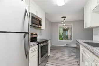 The kitchen flows directly into the dining area.