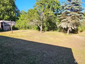 Large yard behind the garage with a storage shed.