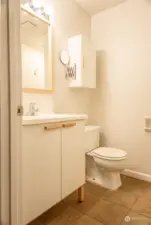 Ensuite primary bathroom includes an extra storage cabinet above the toilet.