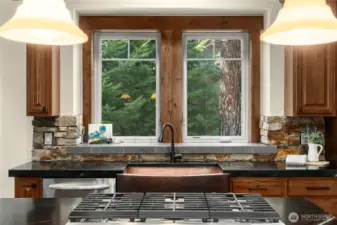 Deep copper sink with a view of the pines!