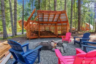 Campfire ring with newly built wood shed.