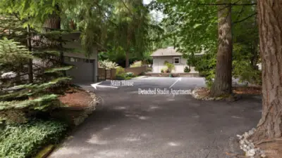 Arrows show location of the main house garage/driveway and detached Studio apartment and additional garage! Great income property, with privacy for BOTH sets of residents!