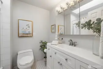 Hall bathroom includes large skylight. The lighting in this bathroom is amazing! So bright!