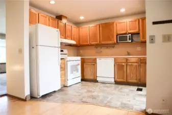 View into the kitchen from the dining area.