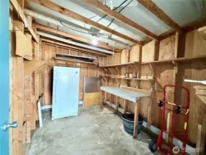 Inside of storage unit. Stand-alone freezer conveys.