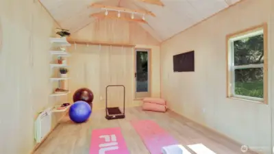 This adaptable flex space—once a peaceful yoga studio—offers endless possibilities for work, wellness, or creativity