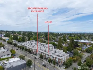 Secure indoor EV parking with secure alley to the home.