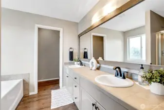 Primary bathroom, very long double sink and private toilet room