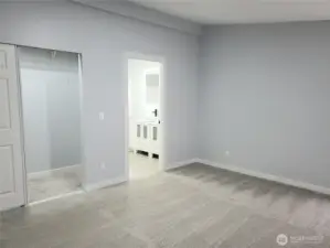 A Different View of the Primary Master Bedroom Showing Cathedral Ceilings, All New Paint, Trim and Carpeting, Looking into the Huge Walk In Closet and Primary Bathroom.