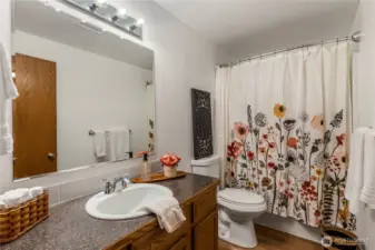 Primary bathroom in hall with bathtub/shower