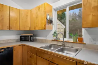 Kitchen sink positioned beneath a window overlooking the yard, bringing in natural light and a green outlook