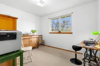 Flexible bedroom or home office with carpet flooring, neutral walls, and a large window for natural light.