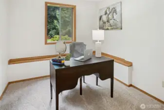 This lower level bedroom can be used for an office.