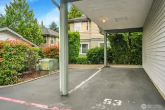 Assigned carport parking spot + additional unassigned parking spot.