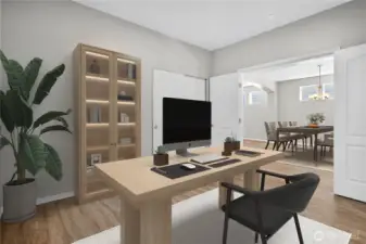 Versatile main level bedroom that can be used as a flex space for office, playroom, media room, guest suite, etc (virtually staged)