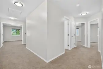 Alternate upstairs hallway view highlighting the layout of secondary bedrooms, shared bathroom, and versatile bonus room down the hall
