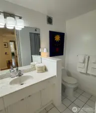 Three-quarter guest bath.
