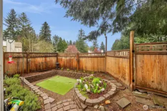 Fenced yard with landscaped courtyard