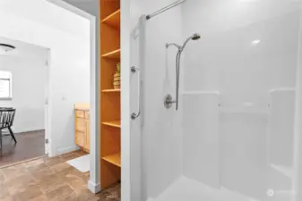 Extra wide bathroom space.
