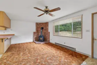Great room with free standing propane stove
